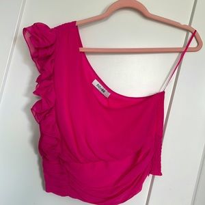 Pink Ruffle one shoulder silky top size L